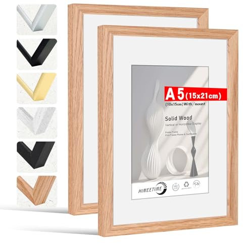 HIMEETIME® 2x Bilderrahmen DIN A5 15x21 cm,aus massivem Eichenholz,Natur Eiche Holz Rahmen Display 10x15cm Bild mit Passepartout | für Wandbehänge oder Tischdekoration