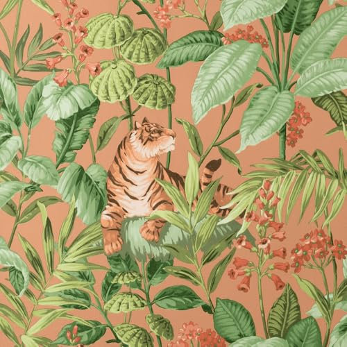 Rajah Tropical Tiger Terracotta Orange & Green Jungle Wallpaper M1731