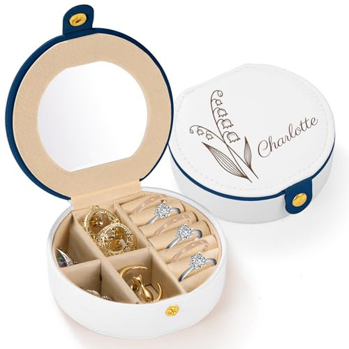 WASHNN Personalisierte Schmuckschatulle, Reise-Schmuckkästchen, PU Kleine Schmuckschatulle, Reise-Mini-Schmuckkästchen, geeignet für Ringe, Ohrringe, Armbänder, Halsketten (Rotondo bianco)