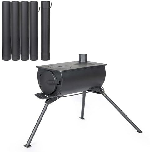 Wiltec Estufa de leña portátil para tienda de campaña con cenicero extraíble, tubos de chimenea y diseño compacto ideal para camping, terrazas y exteriores