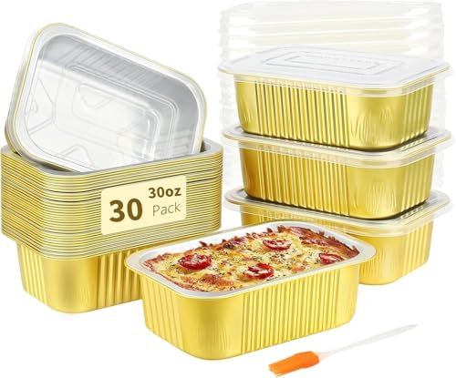 LATERN 30 Piezas Bandejas de Aluminio con Tapa, 900ml Molde de Aluminio para Hornear Recipiente para Comida para Llevar Mini Moldes para Pan para Hornear Cocinar Asar Preparar Comidas Calentar Llevar