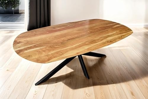 SAM Ovaler Esstisch 220x100 cm Rama, Akazienholz naturfarben, massiver Esszimmertisch mit Schweizer Kante, Spider-Gestell Eisen schwarz, pflegeleichter Holztisch