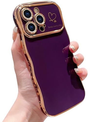 IDweel for iPhone 11 Pro Max Case for Women Girls, Luxury Cute Wave Frame Curly Shape with Love Heart Raised Camera Protection Slim Fit Cover Plating Shockproof Lightweight Phone Case, Dark Purple