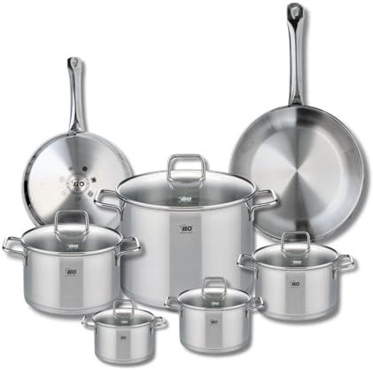 ELO 9504550 Batterie de cuisine 7 pièces, Ensemble de 2 Poêles de cuisson 24 et 28 cm et 5 faitouts 12, 14, 16, 20 et 26 cm Elo Profi Citrin, inox, induction, Gris Ardoise