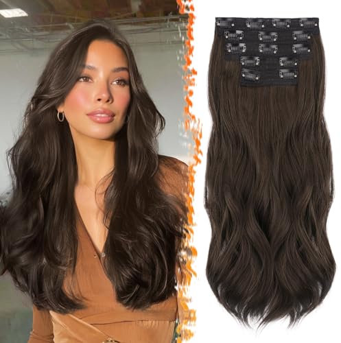 BARSDAR Clip in Haarverlängerungen, 50cm Wellige Clip in Hair Extensions für Frauen 5PCs Voller Kopf Natürliches Synthetisches Haarteil Haarextension - Dunkelbraun