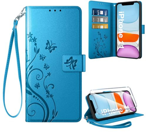 Coiwxmoi Coque pour iPhone 11 + 1 Verre Trempé, Retro Design Housse Premium en Cuir PU Pochette de Portefeuille pour Porte Cartes Fonction Stand Flip Etui pour iPhone 11, Bleu