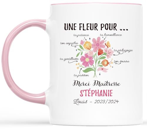 Cadeau Plus Mug Personnalisé Prénom Merci Maîtresse - Cadeau personnalisé maitresse, cadeau maîtresse, mug personnalisé merci maitresse, tasse maitresse d'école (Rose)