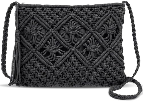 HRCOYES Cross Body Bag for Women, Handwoven Crossbody Purse, Summer Beach Straw Messenger Bag, Woven Cotton Handmade Shoulder Handbag (black)