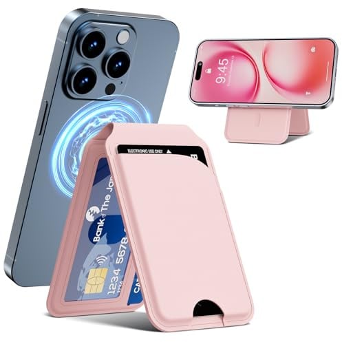 Frapkom Magnetische Brieftasche für iPhone, Verstellbarer Leder Mag-Safe Kartenhalter für iPhone 17/16/15/14/13/12 Serie, ID-Fenster, Kartensteck, RFID-Blockierung (rosa)