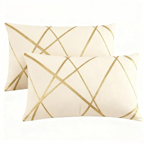 Miuyunya Samt Kissenbezug Gold Line Art 30x50 Deko Kissen Wohnzimmer Modern Kissenhülle Beige Sofakissen Kissenbezüge 2er Set Dekorative Zierkissenbezüge für Outdoor Schlafzimmer Couch