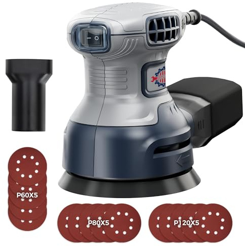 TurboVolt Exzenterschleifer 125mm mit Bremse, 350W Schleifmaschine für Holz mit 15 Schleifpapier & Staubabsaugung, 6 Geschwindigkeiten 6000-13000 U/min, Staubsaugerkompatibel für Holz Schleifarbeiten