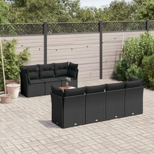Owoxanthellate Salon de jardin 8 pièces en rotin synthétique noir 62 x 62 x 69 cm canapé d'angle et central résistant aux intempéries Pieds réglables en hauteur avec table en bois d'acacia pour