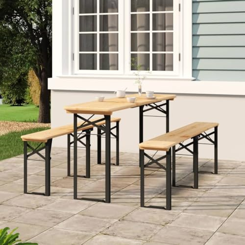 LoogCape 3-TLG. Biertisch-Set klappbar, Massivholz Tanne, 170 cm, Dunkelgrünes Metallgestell, für Garten, Terrasse, Camping & Feiern im Freien