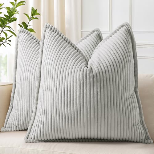 Homaxy 2er Set Kordsamt Kissenbezüge 40x40 cm Grau | Kordsamt Auf Beiden Seiten, Fransenkanten & Streifen Design, Unsichtbarer Reißverschluss, Pflegeleicht Maschinenwaschbar