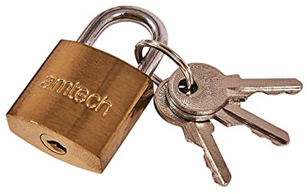 Amtech 25 mm Padlock, Brass-Plated Body with 4 mm Hardened Steel Shackle, Reliable Security for Sheds, Luggage and Storage Boxes (3 Keys)
