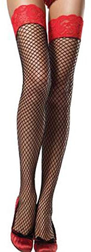 Yummy Bee - Medias para Ligueros Rejilla Negro - Medias de Liga La Parte de Encaje Rojo - Lencería Grande 36-42