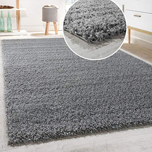 Paco Home Shaggy Hochflor Langflor Teppich Sky Einfarbig in Grau, Grösse:160x220 cm