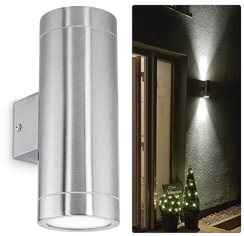 SSC-LUXon LED Wandlampe TIRA Up & Down Außen 230V, Wandleuchte IP44, Oberfläche Edelstahl inkl. 2 LED Leuchtmittel 5W GU10 neutralweiß 4000K