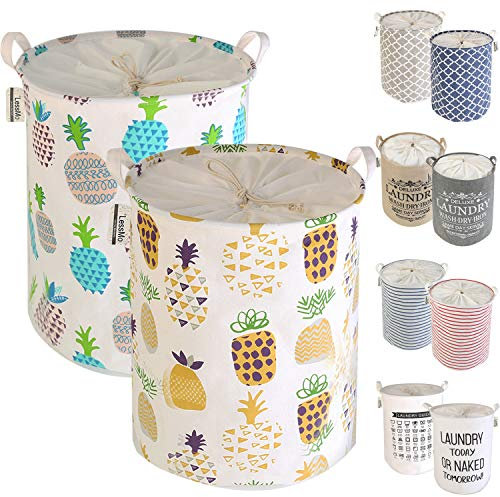 LessMo 2STK 19.7 Kordelzug Wäschekorb Lagerung Sorter, zusammenklappbare Pop-Up Wäschekörbe, wasserdichte Runde Baumwolle Leinen (Ananas Verdickte 19.7 / groß)