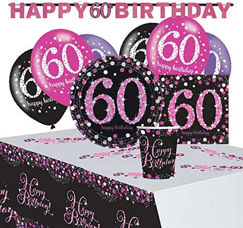 Amscan 9050 0412 - Partyset Pinke Glückwünsche 60, 8 Teller, 20 Servietten, 8 Becher, Tischdecke, Girlande, Konfetti, 6 Latexballons