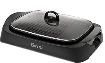 Girmi BQ90 Griglia & Barbecue, 2200W, Coperchio in Vetro Temperato, Smokeless, PIetra vera, Regolazione Temperatura, Vassoio raccogli grasso,Nero