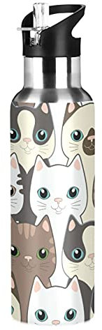 Vnurnrn Lindo Bebé Regalo Gato Gatito Botella de Agua Deportiva con Pajita Acero Inoxidable, 600ML Botellas Termica Sin BPA para Niños Deporte Gimnasio Ciclismo Escuela