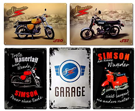 5er Set - Simson DDR Retro Blechschild 20x30cm - Motorrad Auto Garage Motoröl - Metallschild Wandschild Wanddekoration - Nostalgie Schild Deko Geschenk
