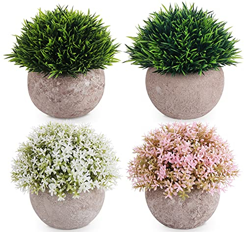 ilauke Artificial Potted Plants, 4PCS Mini Fake Flower and Grass in Round Pot, Small Faux Plastic Greenery for House & Office Decorations