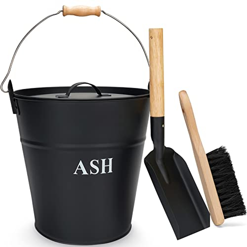 Seau à Cendres en Métal 9,5 Litres Avec Couvercle, Pelle et Balai - Pour Cheminée, Poêle à Bois et Foyer