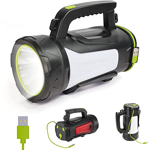 LED-Taschenlampe, wiederaufladbar, USB, 1000 Lumen, 3 Leuchtmodi, 2 COB weiß/rot – externer Akku USB und Micro-USB für Smartphone oder Tablet – für Camping, Basteln, Wandern