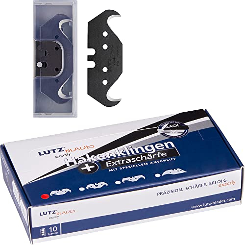 LUTZ BLADES Profi Hakenklingen schwarz, Cuttermesser 18mm 0,5mm stark, 100 Klingen in 10er Spendern, extra scharfe Ersatzklingen für Cutter- und Teppichmesser, für Leder, nasse Tapeten, Folienmesser