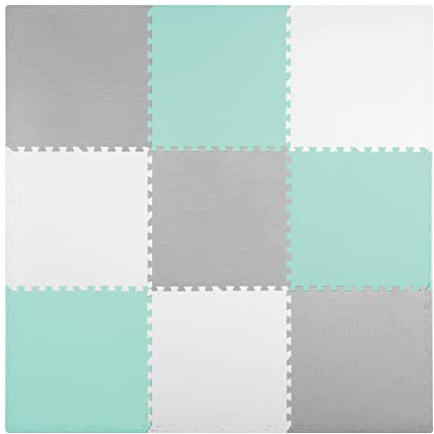 RICOKIDS Kinderspielteppich Puzzlematte Spielzeug Kälteschutz Abwaschbar Spielmatte Spielteppich Matte Schaumstoffmatte Kinderteppich Gummimatte grau-weiß-Mint 60x60cm 9 Stück
