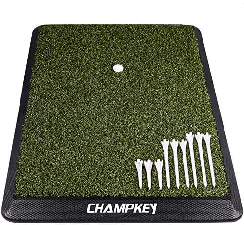 Champkey Premium Synthetic Turf PRO Golf Hitting Mat | Heavy Duty Rubber Base Golf Practice Mat | Come with 1 Rubber Tee and 9 Plastic Tees (M(13'' x 17''), One-Turf), Green