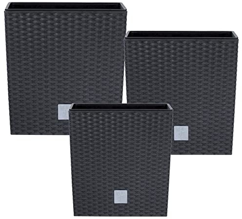 botle Set 3X Pflanztöpfe Blumentopf Einsatz Rattan Trapez H 22+26+32 cm Anthrazit mit Pflanzeinsatz Quadrat