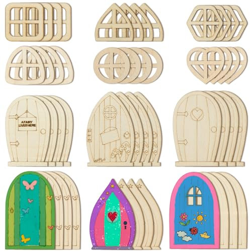 AUEAR, 48 Stück Feentür Miniatur Holz Gartentüren Fenster Unfertige Feenfenster Zubehör Unlackiert Mini Feenhaus DIY Handwerk für Wand Home Party Dekoration (Stil B)