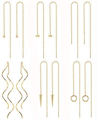 Kakonia 6 Paar Edelstahl-Ketten-Quasten-Ohrringe für Frauen, leichte Welle, Einfädler, Kugel, Tropfen, minimalistisches Ketten-Ohrring-Set Gold