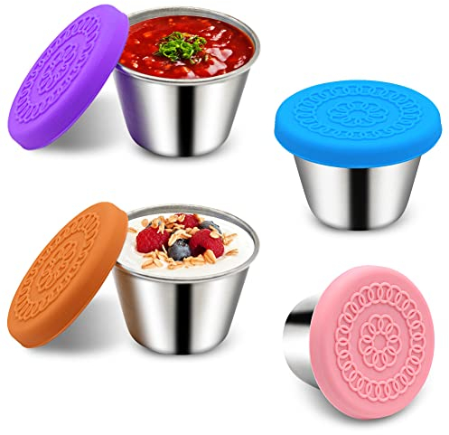 Salatdressing Behälter, 4x70ml Kleine Edelstahl Gewürzbehälter Saucenbehälter mit Silikondeckel, Wiederverwendbar Auslaufsicher Mini Dip Sauce Becher zum Mitnehmen, Snack Box Lebensmittelbehälter Set