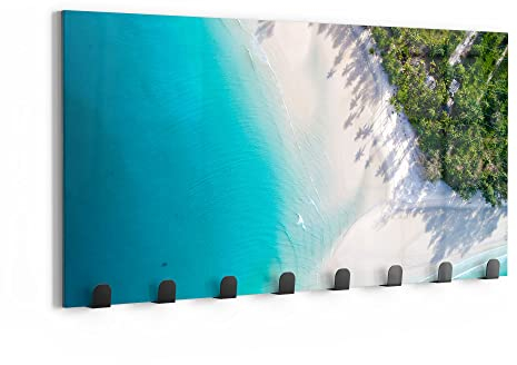 DEQORI Wandgarderobe Glas & Metall | Motiv Paradies von oben | 60x30 cm | Design Haken-Leiste modern | Garderoben-Paneel für Flur, Wohnzimmer & Schlafzimmer | magnetisch & beschreibbar