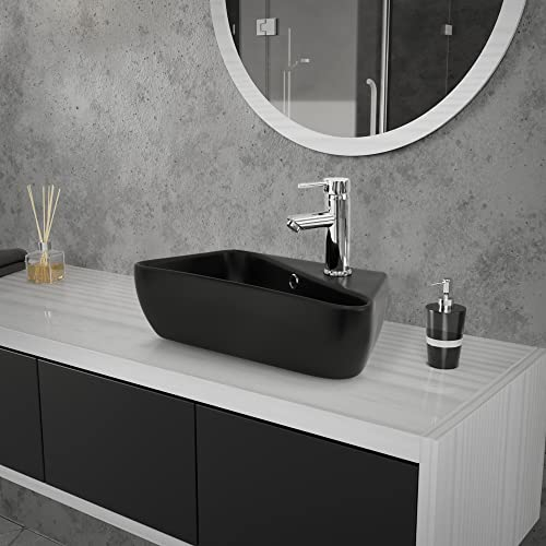 ML-Design Waschbecken aus Keramik in Schwarz matt 45x27x13 cm, Eckig, Hahnloch rechts, Wandmontage/Aufsatzwaschbecken, Design Waschtisch mit Überlauf, Aufsatz-Waschschale Waschplatz Handwaschbecken