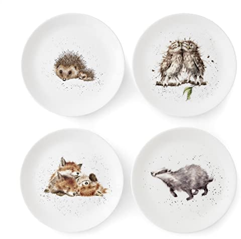 Wrendale Designs Royal Worcester Keramikteller in zwei Größen Igel Dachs Fuchs und Eule 4er Set (20cm Salatteller)
