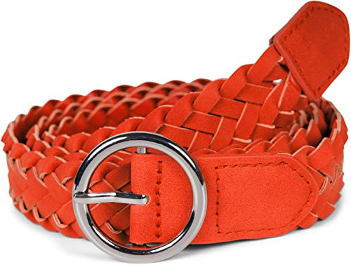 styleBREAKER Damen Flechtgürtel mit runder Schnalle, Kunstleder Einfarbig, Schmaler Hüftgürtel, One Size Gürtel 03010125, Farbe:Orange-Silber, Größe:110cm