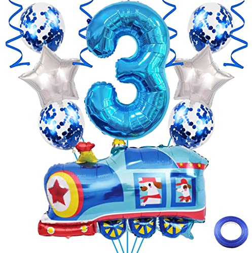 Weenkeey 3. Zug Geburtstag Dekoration - Luftballons, Folienballons, Blau Zahl 3 Helium Ballon für Eisenbahn Motto Party Junge Supplies