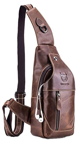 BULLCAPTAIN Leder Herren Sling Rucksack Multi-Tasche Crossbody Brust Taschen Reise Casual Rucksack mit Kopfhörerloch, Braun, 11.8inchx5.9inchx2.7inch, Sling Rucksäcke