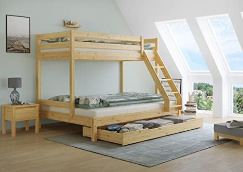 Erst-Holz Doppel-Etagenbett 140x200 und 90x200 Erwachsenen-Stockbett Kiefer Massivholz Natur V-60.18-09-14, Ausstattung:Rollrost und Bettkasten inkl.