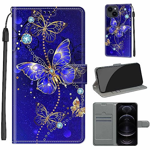 TOMYOU PU Leather Wallet Case for iPhone 14/13, Blue Butterfly | Pouch Design, Book Flip Folio, Magnet Closure, Kickstand, Card Slots, Wrist Strap Lanyard, Pattern Style
