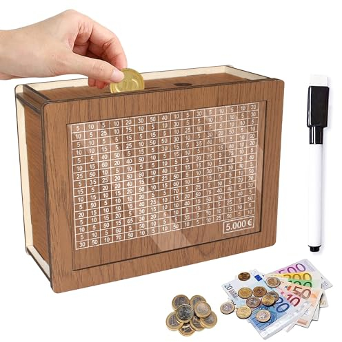 Spardose mit Zähler Ankreuzen, Wiederverwendbare Retro Sparbox Holz mit Sparziel, Sparschwein Kinder mit Stift für Hilft Kindern Die Gewohnheit Zum Sparen(5000€, Braun)