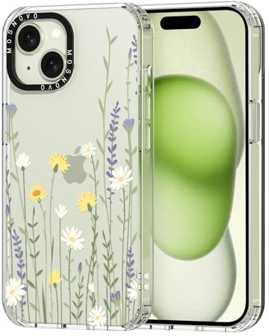 MOSNOVO Case for iPhone 15, [Buffertech 6.6ft Military-Grade Drop Protection] [Anti Peel Off Tech] Clear TPU Bumper Phone Case Cover Design - Wild Meadow