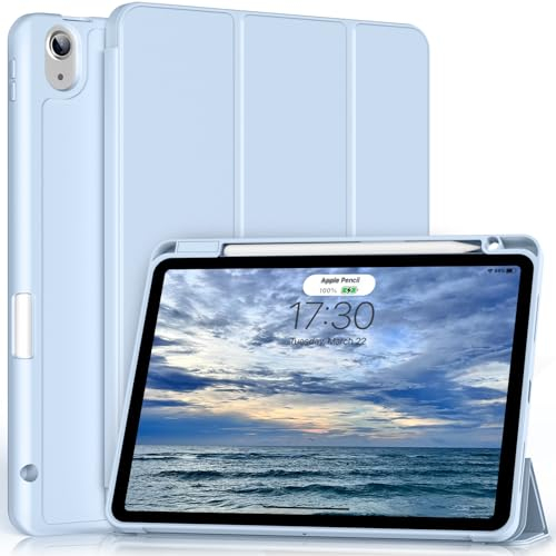 ZKTUYU Hülle für iPad Air 7/6 11 Zoll (2025 M3/2024 M2)/ iPad Air 5/4 (10,9-Zoll, 2022/2020) mit Stifthalter, Weich TPU Schutzhülle Auto Schlafen/Wachen, Unterstützt Pencil Pro/USB-C, Blau