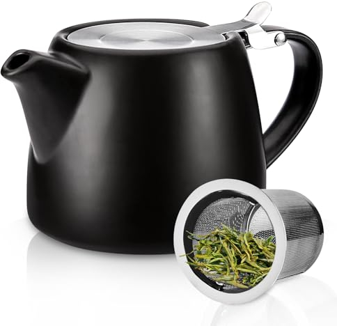 Tetera de cerámica de 500 ml, tetera de cerámica con infusor y tapa de acero inoxidable extrafino, tetera de porcelana, tetera fina hecha a mano con infusor para té de hojas sueltas y florecer