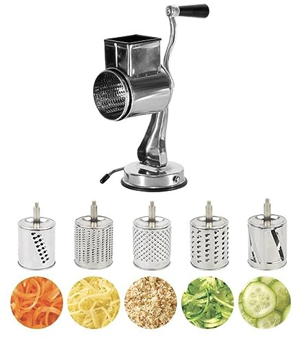Râpe à Tambour Manuelle en Acier Inoxydable, râpe à Fromage rotative, râpe à légumes avec 5 Lames interchangeables en Acier Inoxydable, for Fromage, Carottes, Noix, épices
